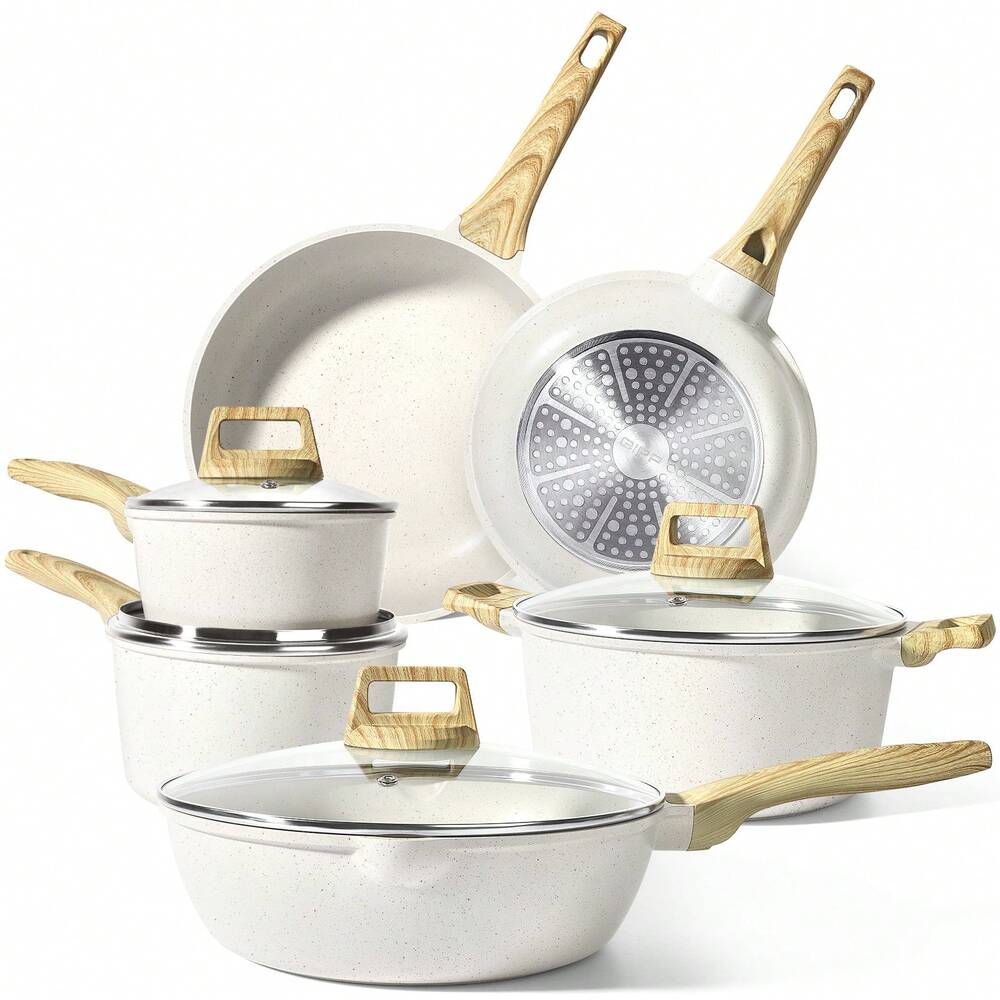 10pcs Non Stick Granite Cookware Set Induction Safe Pots And Pans With Frying Pans Saucepans All Stove Compatible Kitchen Cooking Set