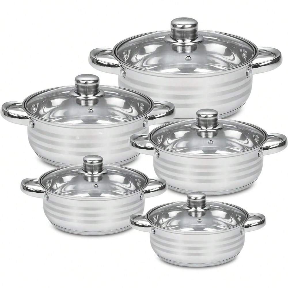 5pcs Stainless Steel Stockpot Casserole Dish Cookware Set With Lids 20 22 24 26 28cm Large Capacity Heavy Duty Silver Mirror Finish