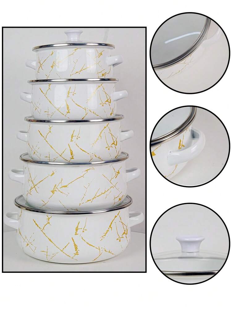 Marble Texture Enamel Soup Pot With Silver Edge Stew Pot Thick Base Energy Saving Safe Acid Alkali Resistant Cookware For Gas Induction
