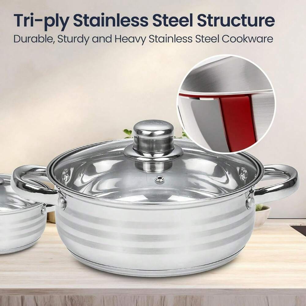 5pcs Stainless Steel Stockpot Casserole Dish Cookware Set With Lids 20 22 24 26 28cm Large Capacity Heavy Duty Silver Mirror Finish