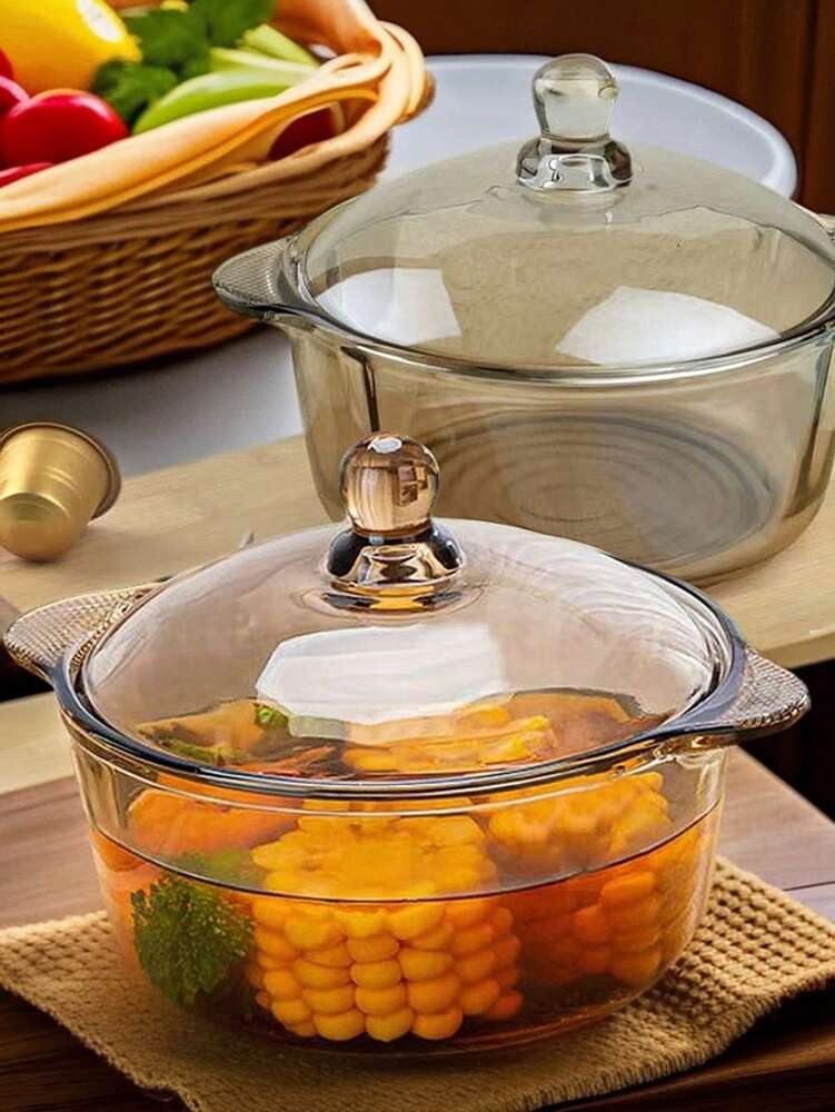Tea Color Double Ear Glass Soup Pot With Lid Creative Nordic Style Salad Bowl Microwave Safe Ramen Fruit Bowl Elegant Kitchen Cookware