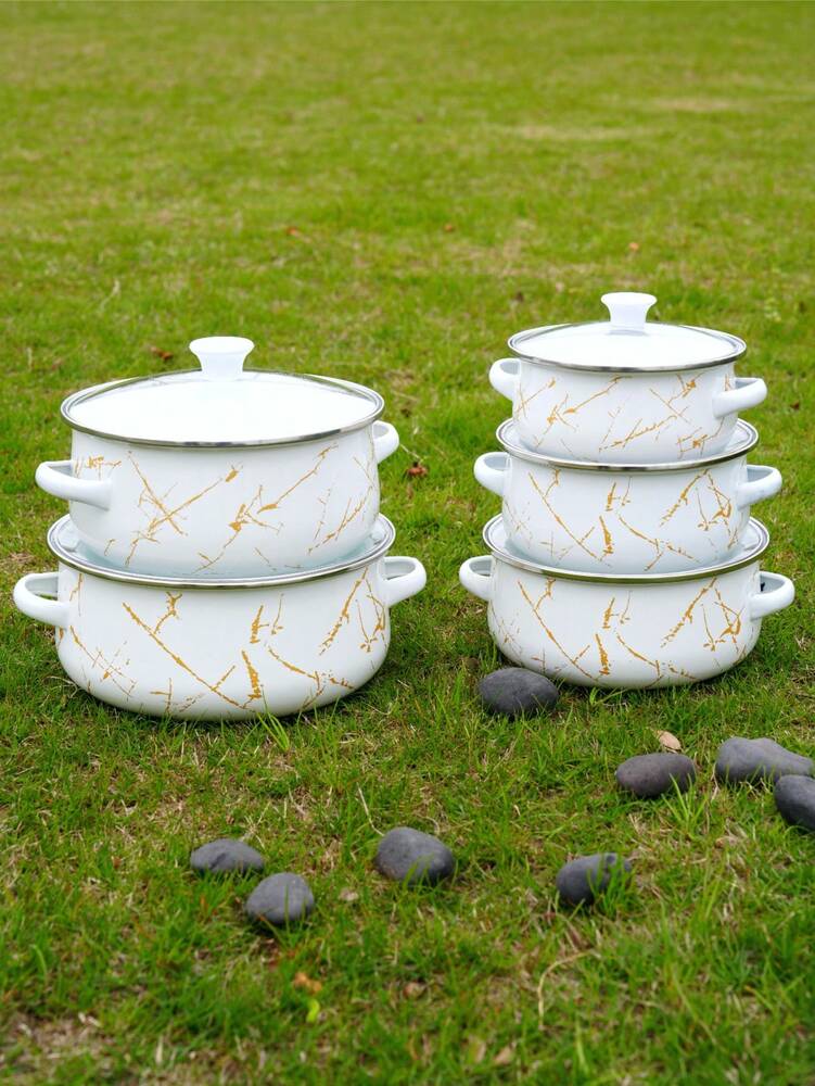 Marble Texture Enamel Soup Pot With Silver Edge Stew Pot Thick Base Energy Saving Safe Acid Alkali Resistant Cookware For Gas Induction