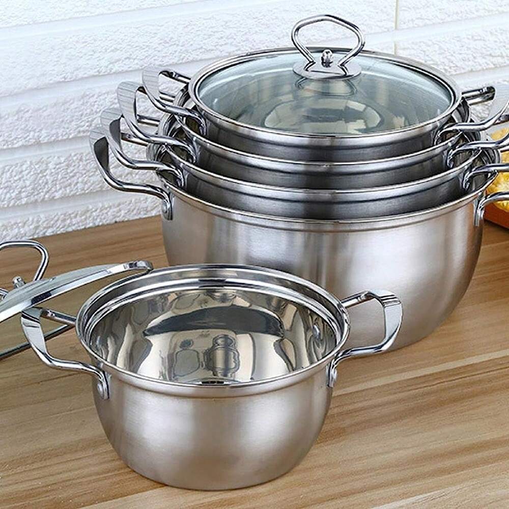 5pcs Stainless Steel Pots With Glass Lid Professional Induction Safe Soup Hot Pot Double Ear Non Stick Heavy Duty Kitchen Cookware Set