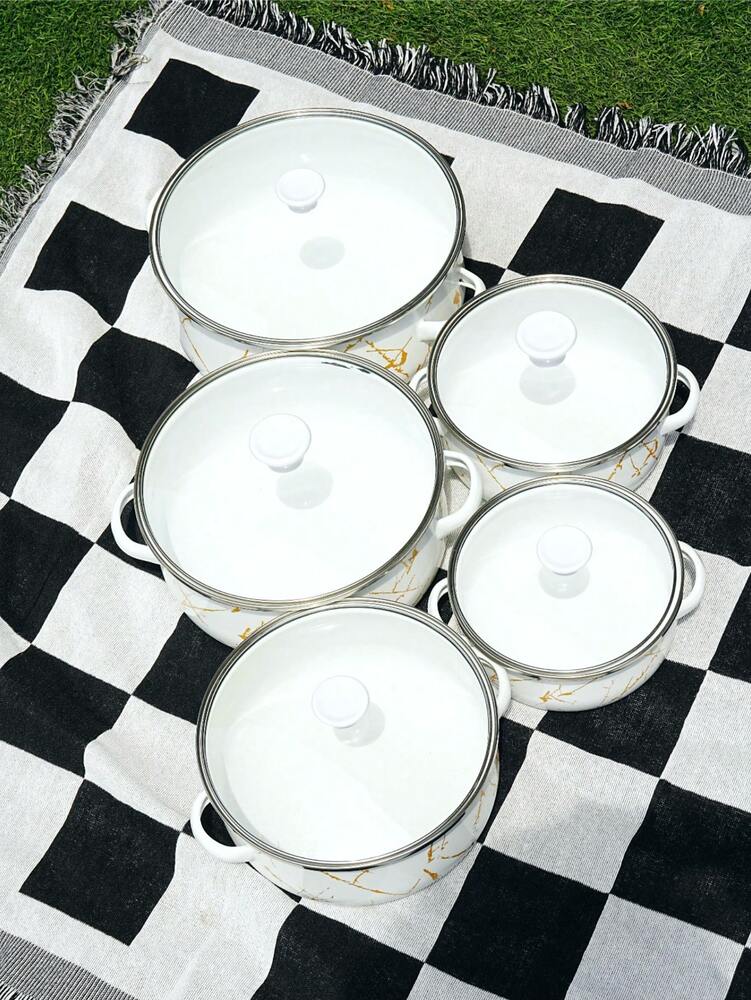 Marble Texture Enamel Soup Pot With Silver Edge Stew Pot Thick Base Energy Saving Safe Acid Alkali Resistant Cookware For Gas Induction