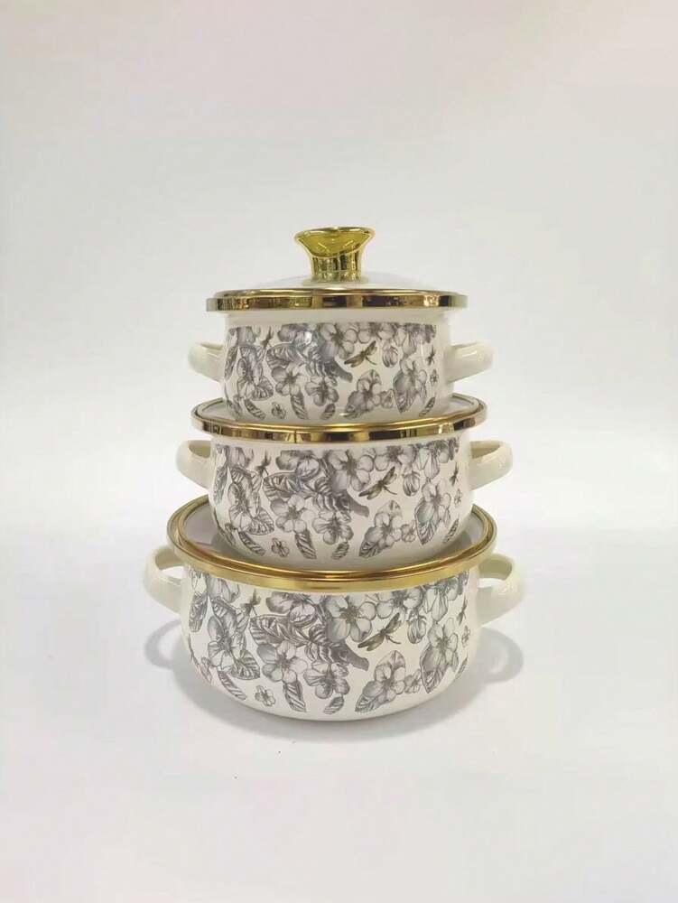 3pcs Enamel Cookware Set Enamel Soup Pot Milk Pot With Gold Rim Mini Hot Pot Enamel Bowl Ramen Pot For Gas Stove Induction Cooktop