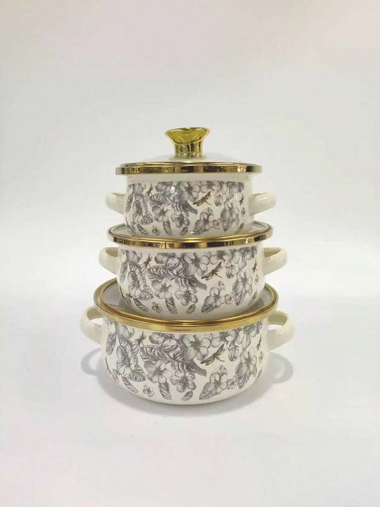 3pcs Enamel Cookware Set Enamel Soup Pot Milk Pot With Gold Rim Mini Hot Pot Enamel Bowl Ramen Pot For Gas Stove Induction Cooktop