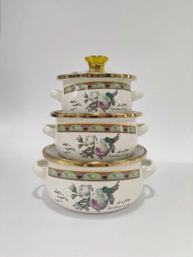 3pcs Enamel Cookware Set Enamel Soup Pot Milk Pot With Gold Rim Mini Hot Pot Enamel Bowl Ramen Pot For Gas Stove Induction Cooktop