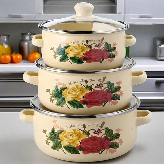 Vintage Floral Enamel Stockpot Set 3pcs Heavy Duty Cooking Pots With Lids Handles Retro Style For Soups Stews Gas Induction Kitchenware