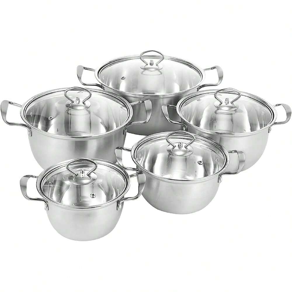 5pcs Stainless Steel Pots With Glass Lid Professional Induction Safe Soup Hot Pot Double Ear Non Stick Heavy Duty Kitchen Cookware Set