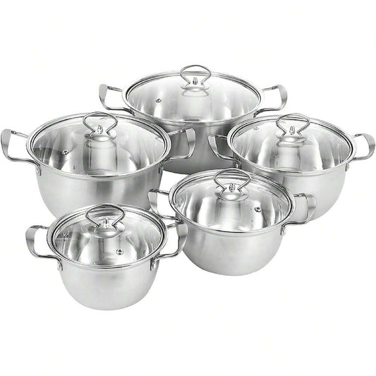 5pcs Stainless Steel Pots With Glass Lid Professional Induction Safe Soup Hot Pot Double Ear Non Stick Heavy Duty Kitchen Cookware Set