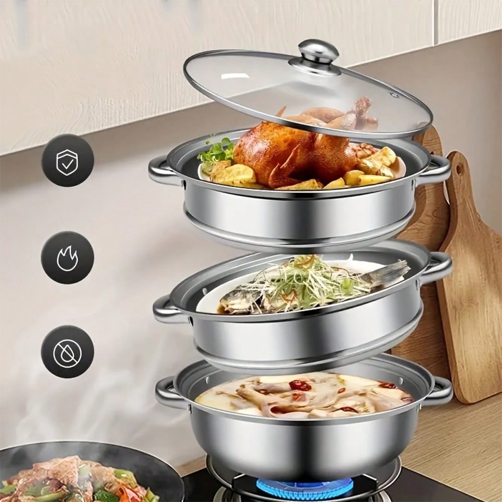 3 Tier Stainless Steel Steamer Pot Set With Lids Multifunction Stockpot Super Thick Steaming Cookware For Vegetables Kitchen Restaurant