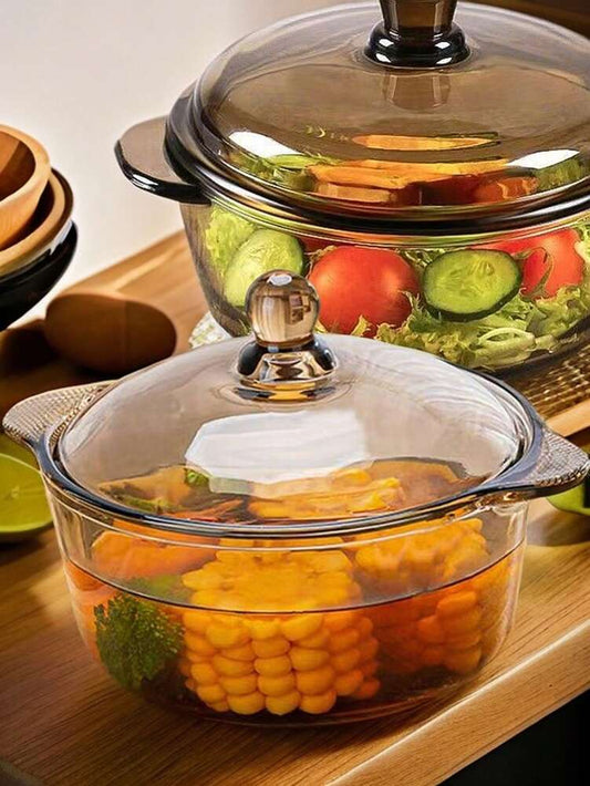 Tea Color Double Ear Glass Soup Pot With Lid Creative Nordic Style Salad Bowl Microwave Safe Ramen Fruit Bowl Elegant Kitchen Cookware