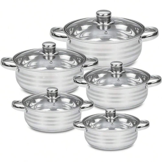 5pcs Stainless Steel Stockpot Casserole Dish Cookware Set With Lids 20 22 24 26 28cm Large Capacity Heavy Duty Silver Mirror Finish