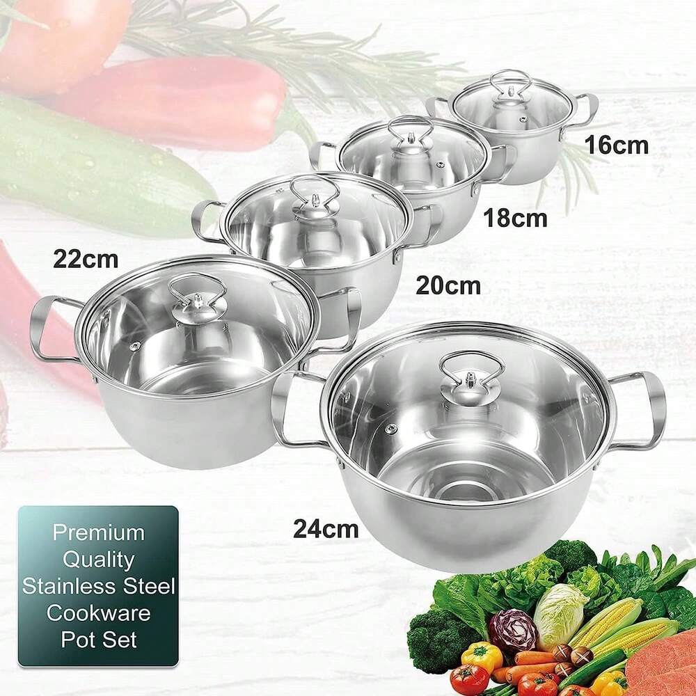 5pcs Stainless Steel Pots With Glass Lid Professional Induction Safe Soup Hot Pot Double Ear Non Stick Heavy Duty Kitchen Cookware Set