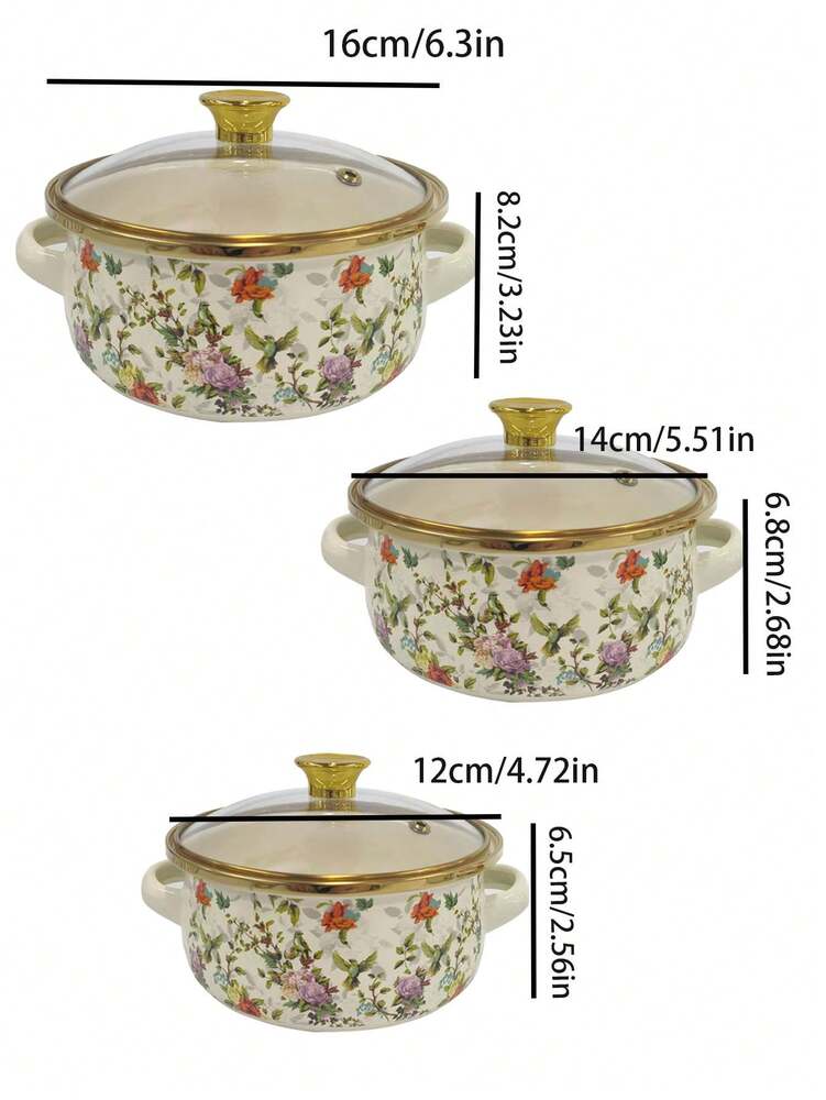 3pcs Enamel Cookware Set Enamel Soup Pot Milk Pot With Gold Rim Mini Hot Pot Enamel Bowl Ramen Pot For Gas Stove Induction Cooktop