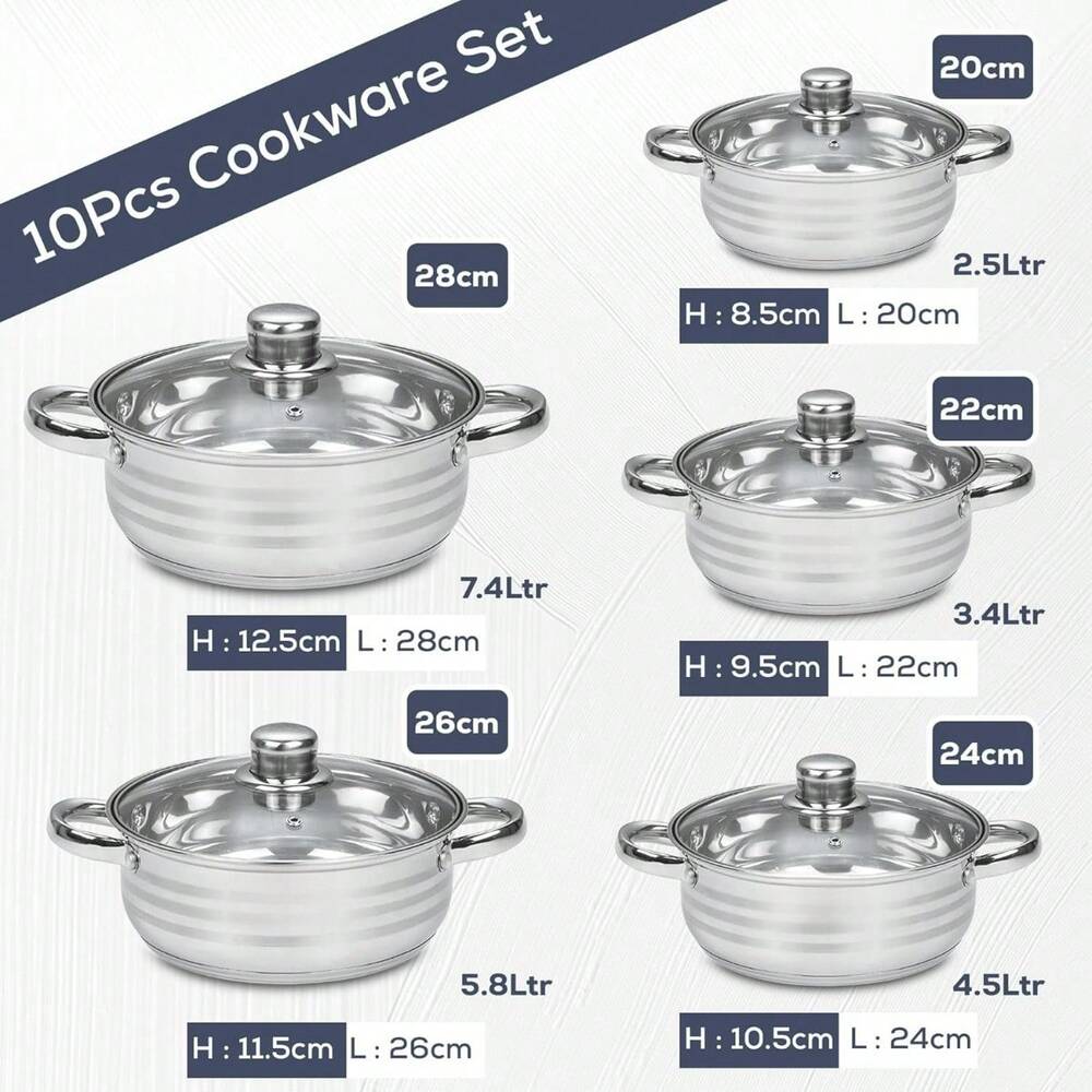 5pcs Stainless Steel Stockpot Casserole Dish Cookware Set With Lids 20 22 24 26 28cm Large Capacity Heavy Duty Silver Mirror Finish