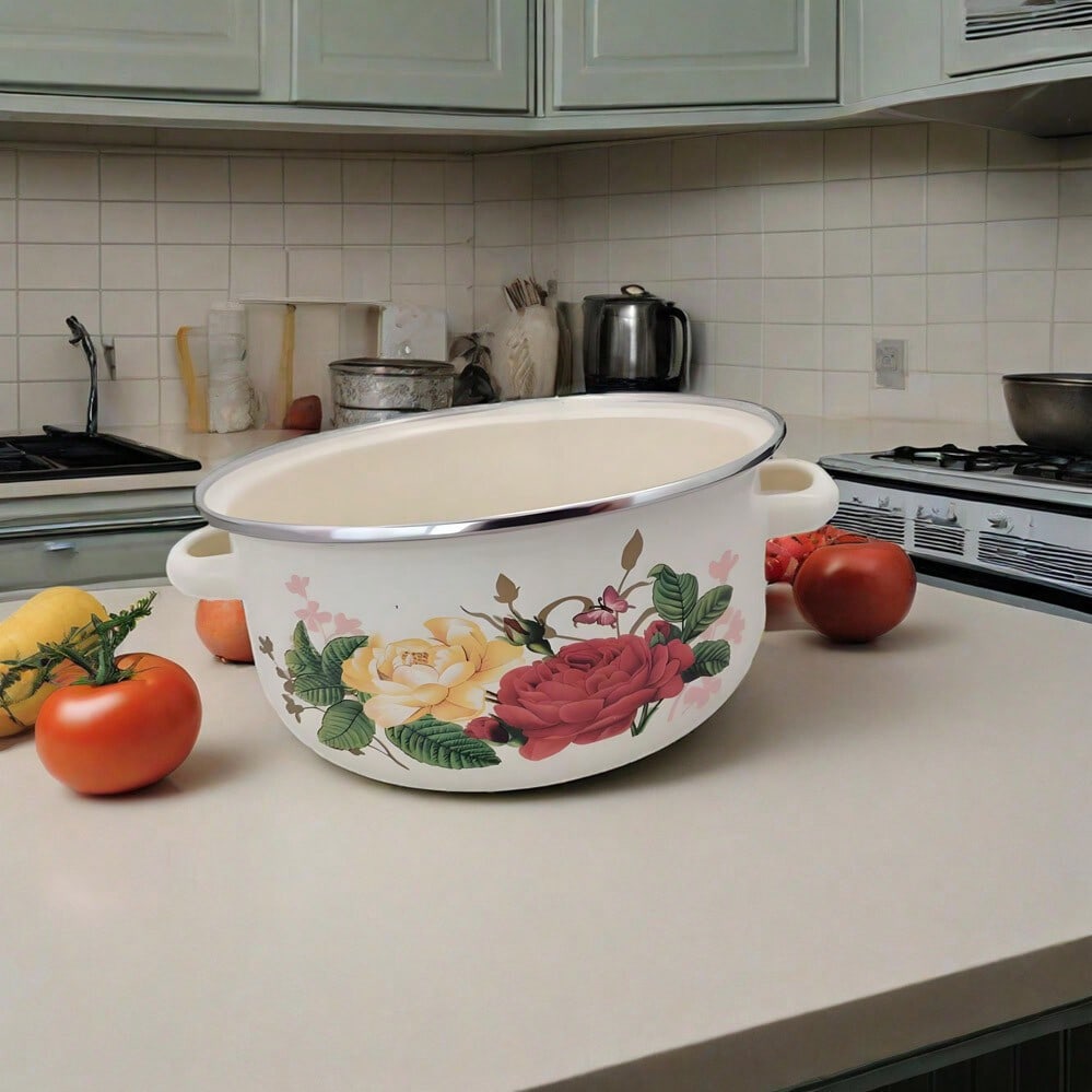 Vintage Floral Enamel Stockpot Set 3pcs Heavy Duty Cooking Pots With Lids Handles Retro Style For Soups Stews Gas Induction Kitchenware