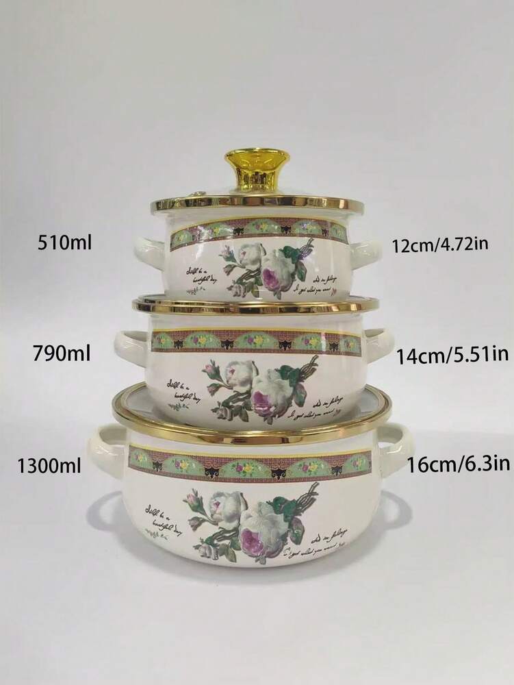 3pcs Enamel Cookware Set Enamel Soup Pot Milk Pot With Gold Rim Mini Hot Pot Enamel Bowl Ramen Pot For Gas Stove Induction Cooktop