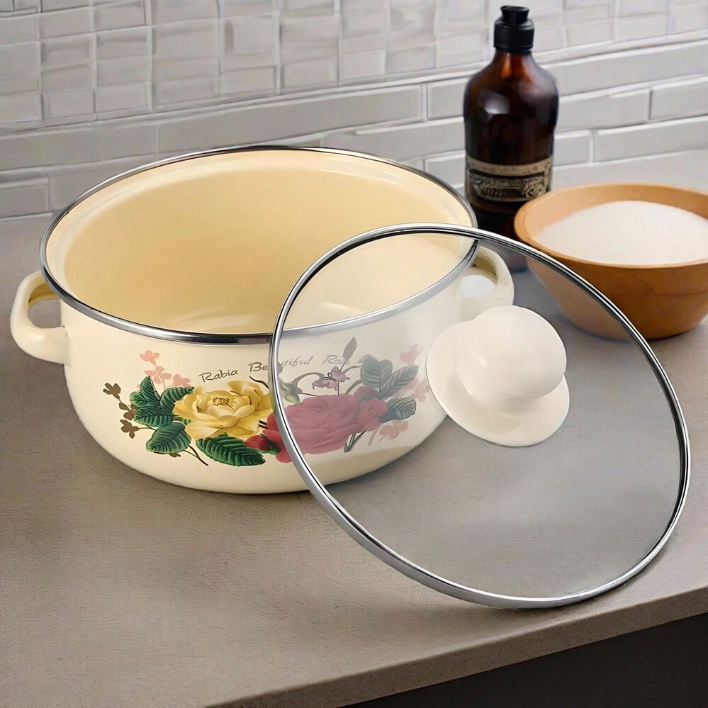 Vintage Floral Enamel Stockpot Set 3pcs Heavy Duty Cooking Pots With Lids Handles Retro Style For Soups Stews Gas Induction Kitchenware