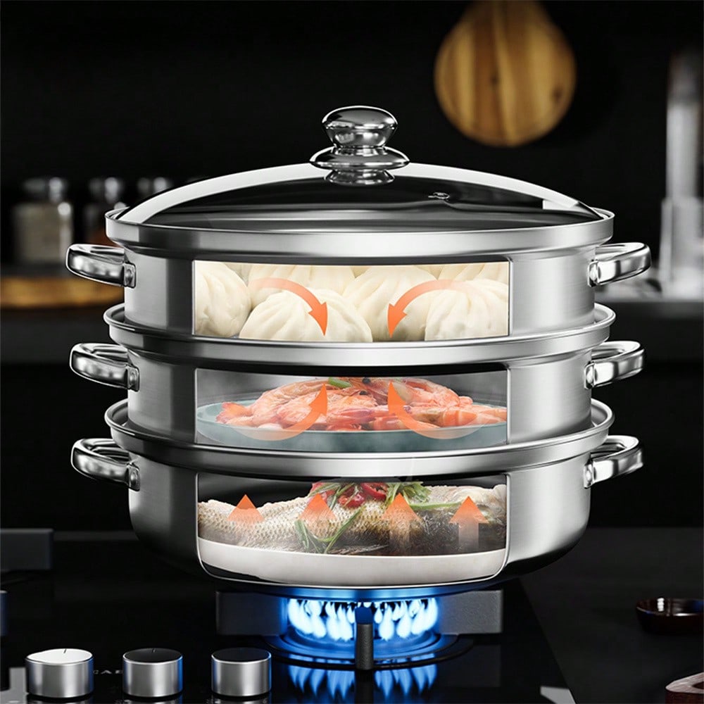 3 Tier Stainless Steel Steamer Pot Set With Lids Multifunction Stockpot Super Thick Steaming Cookware For Vegetables Kitchen Restaurant