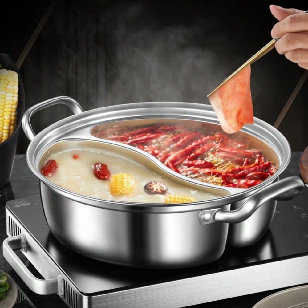 32cm Dual Flavor Stainless Steel Hot Pot With Lid Thickened Design Induction Compatible Household Soup Pot For Kitchen Cooking Tool