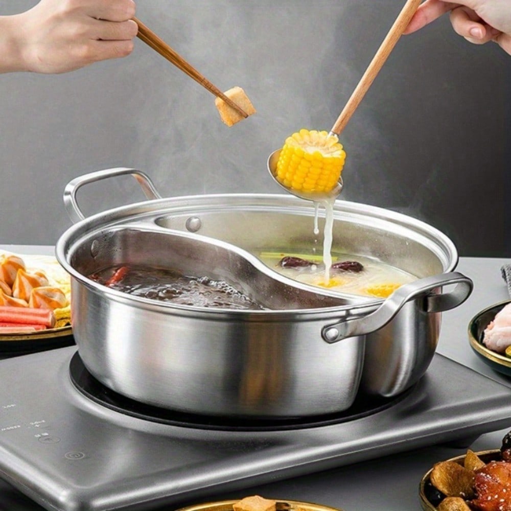 32cm Dual Flavor Stainless Steel Hot Pot With Lid Thickened Design Induction Compatible Household Soup Pot For Kitchen Cooking Tool