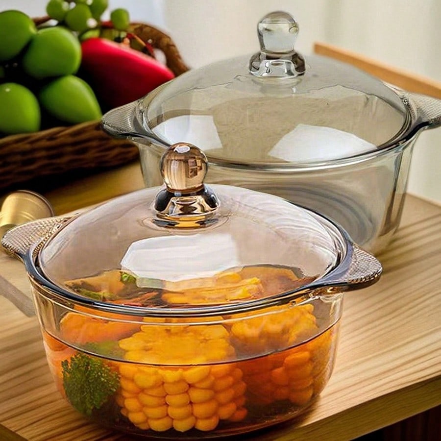 Tea Color Double Ear Glass Soup Pot With Lid Creative Nordic Style Salad Bowl Microwave Safe Ramen Fruit Bowl Elegant Kitchen Cookware
