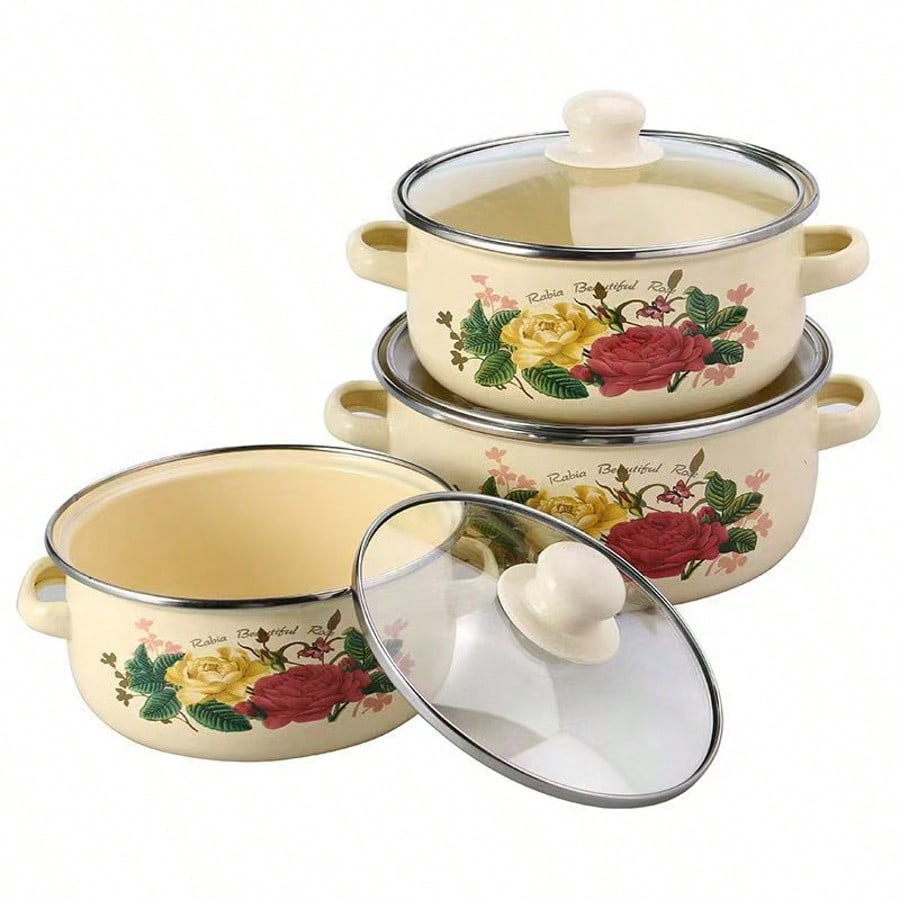 Vintage Floral Enamel Stockpot Set 3pcs Heavy Duty Cooking Pots With Lids Handles Retro Style For Soups Stews Gas Induction Kitchenware