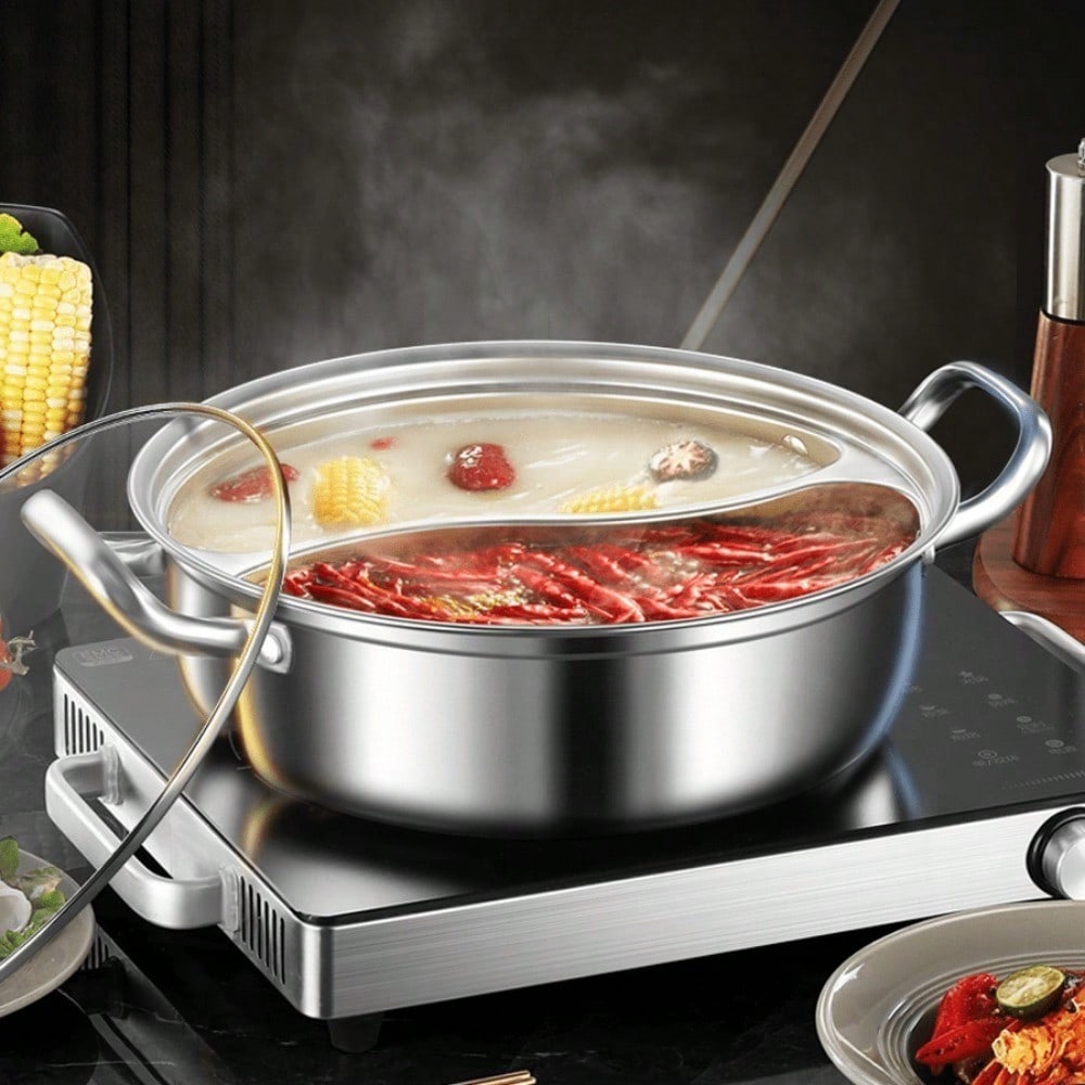 32cm Dual Flavor Stainless Steel Hot Pot With Lid Thickened Design Induction Compatible Household Soup Pot For Kitchen Cooking Tool