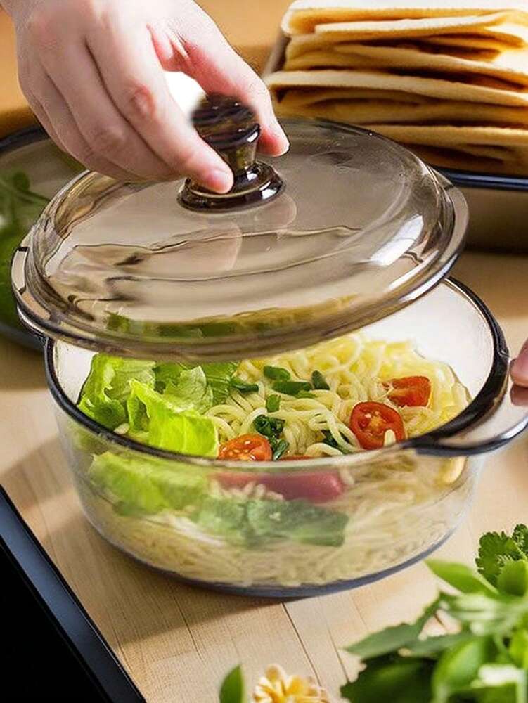 Tea Color Double Ear Glass Soup Pot With Lid Creative Nordic Style Salad Bowl Microwave Safe Ramen Fruit Bowl Elegant Kitchen Cookware