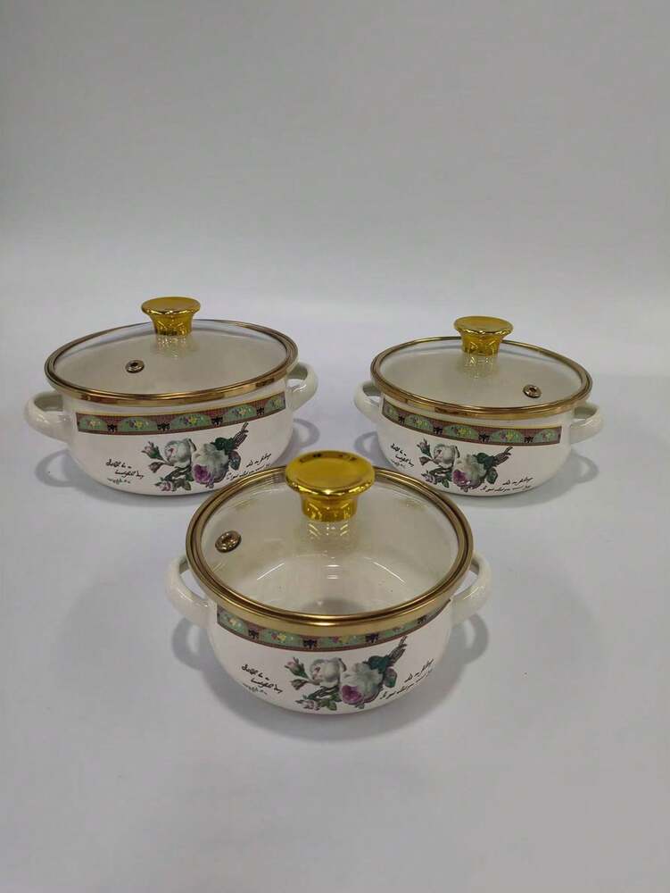 3pcs Enamel Cookware Set Enamel Soup Pot Milk Pot With Gold Rim Mini Hot Pot Enamel Bowl Ramen Pot For Gas Stove Induction Cooktop