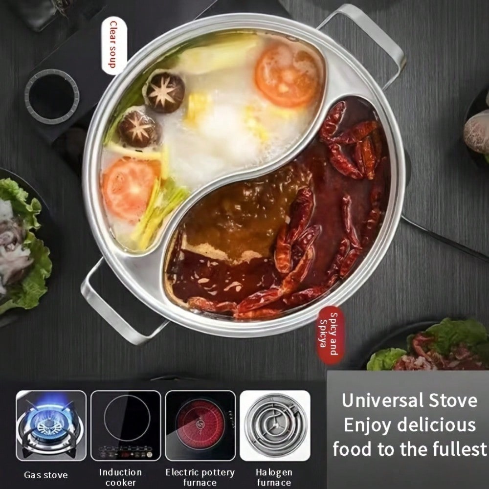 32cm Dual Flavor Stainless Steel Hot Pot With Lid Thickened Design Induction Compatible Household Soup Pot For Kitchen Cooking Tool