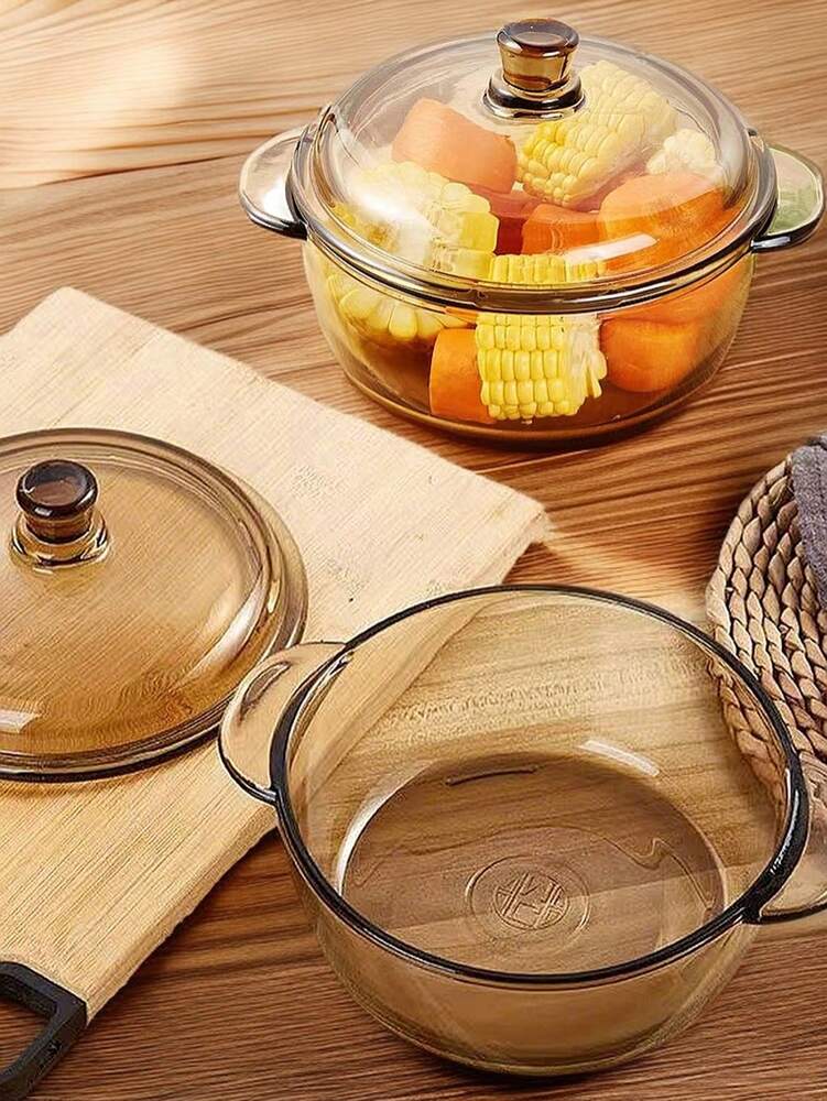 Tea Color Double Ear Glass Soup Pot With Lid Creative Nordic Style Salad Bowl Microwave Safe Ramen Fruit Bowl Elegant Kitchen Cookware