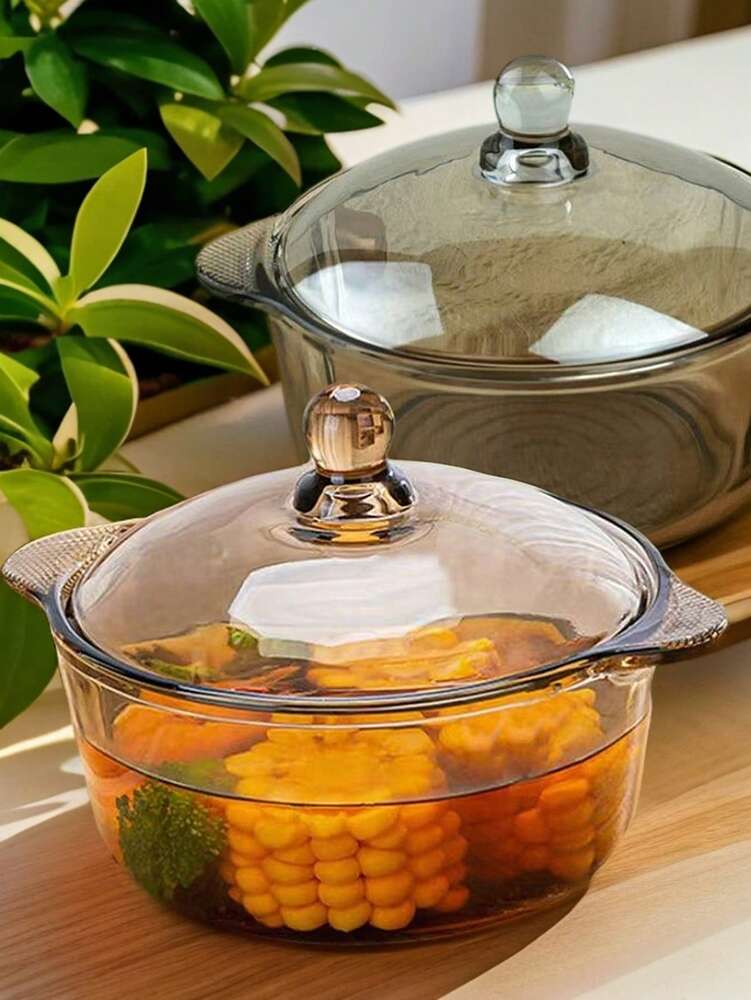 Tea Color Double Ear Glass Soup Pot With Lid Creative Nordic Style Salad Bowl Microwave Safe Ramen Fruit Bowl Elegant Kitchen Cookware