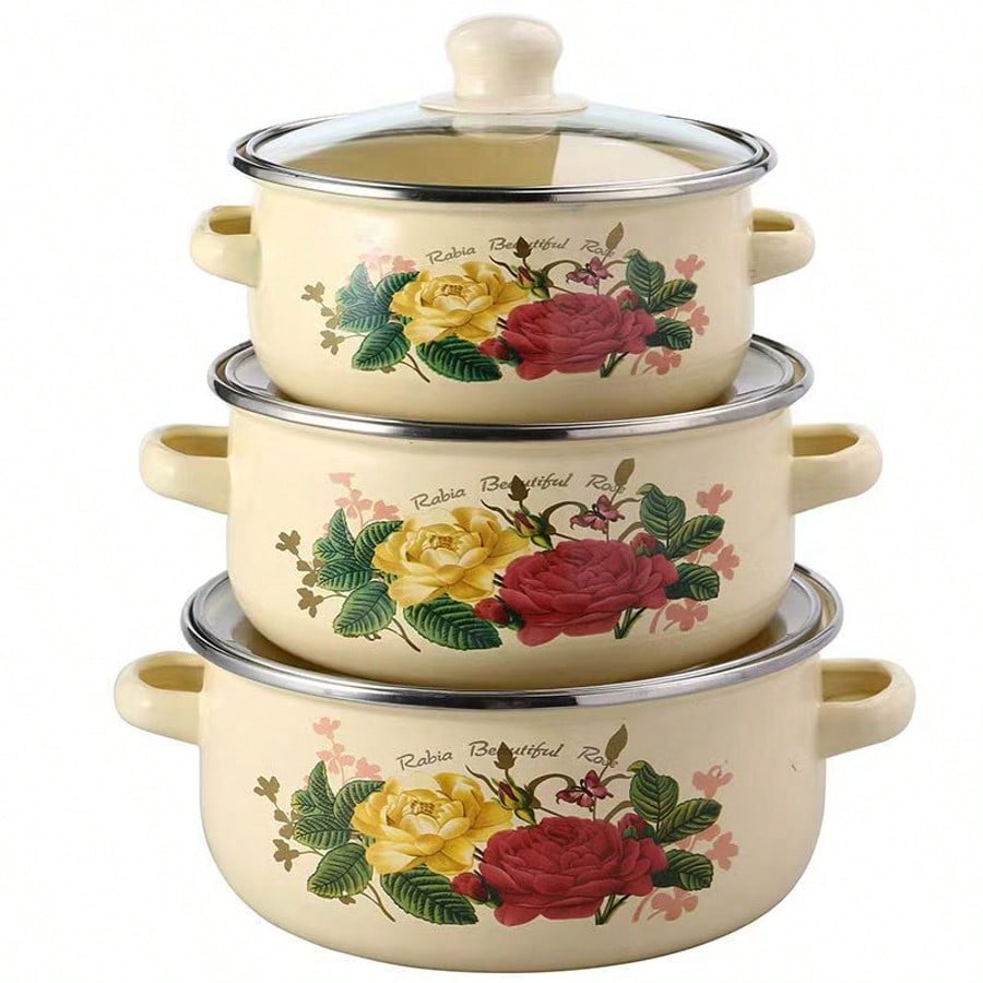 Vintage Floral Enamel Stockpot Set 3pcs Heavy Duty Cooking Pots With Lids Handles Retro Style For Soups Stews Gas Induction Kitchenware