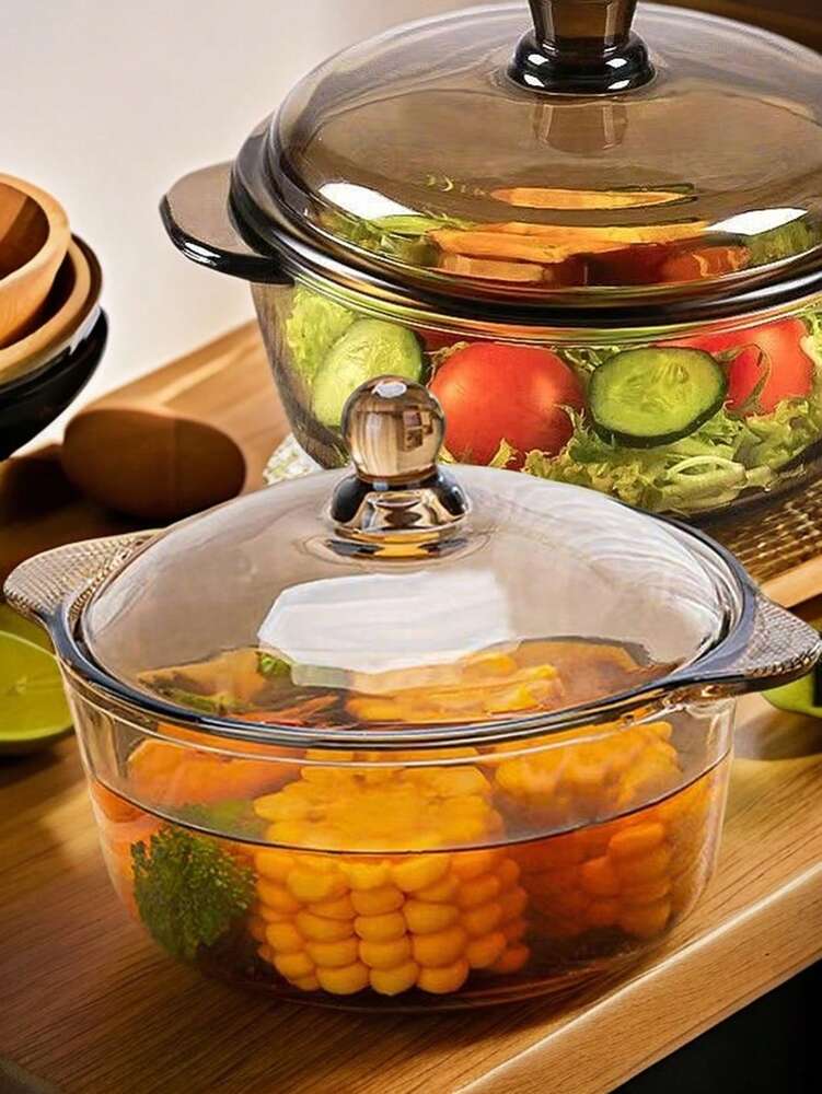 Tea Color Double Ear Glass Soup Pot With Lid Creative Nordic Style Salad Bowl Microwave Safe Ramen Fruit Bowl Elegant Kitchen Cookware
